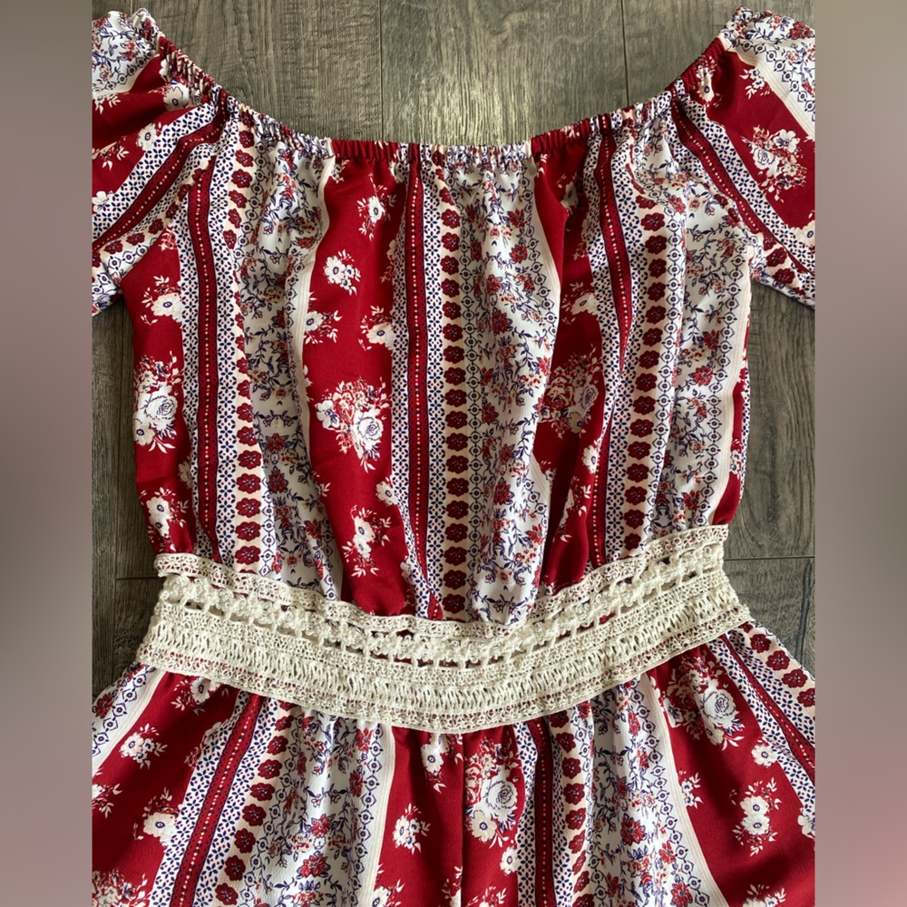 Rue21 Red Floral Off-Shoulder Romper with Crochet Waist - Picture 3 of 12